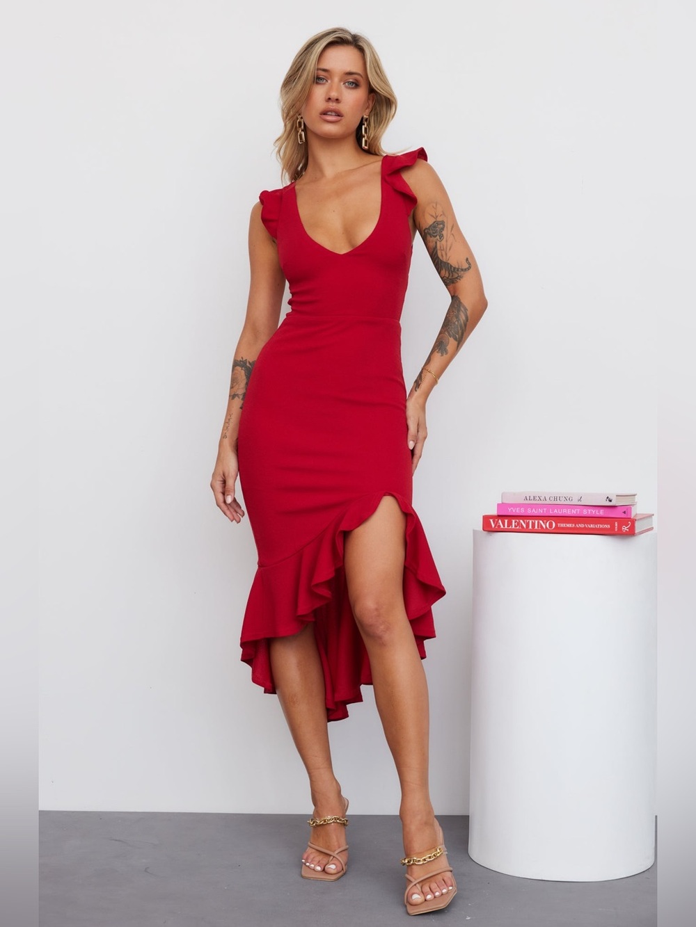 Hello Molly Samba Away Midi Burgundy Ruffle Dress Wedding Rush Sexy Strappy Sz 2